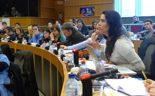 Mayte Suárez, directora territorial de la FSG en Andalucía, durante su intervención en el Parlamento Europeo.