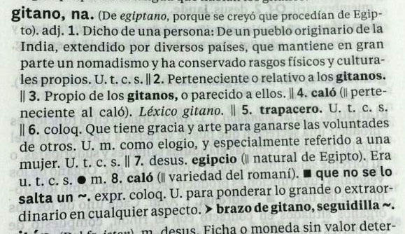Imagen de la definición de gitano/na en el diccionario